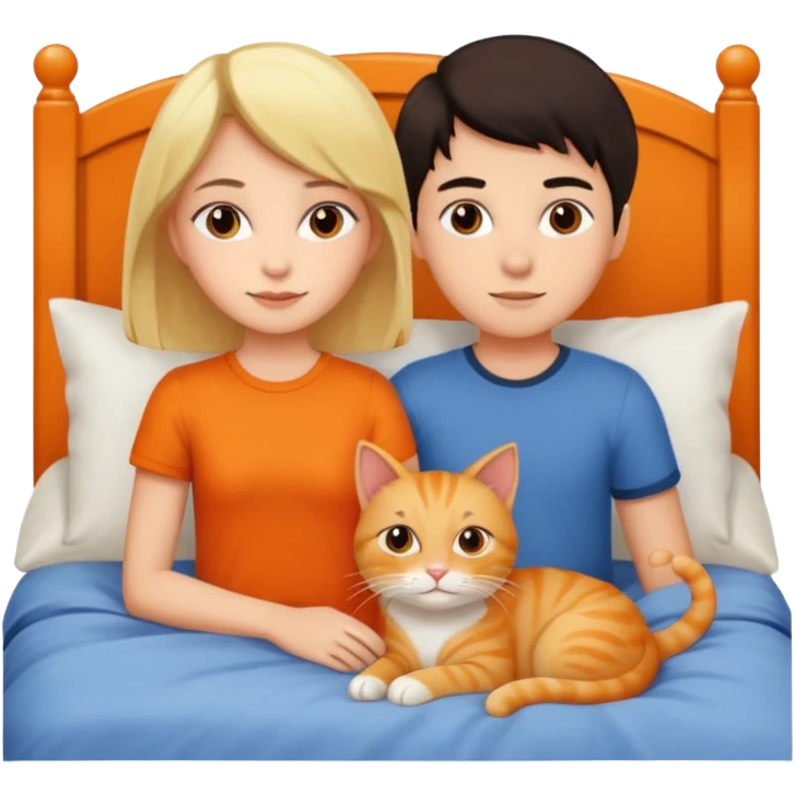 Girl with dark hair and a boy with blonde in a bed with an orange cat emoji