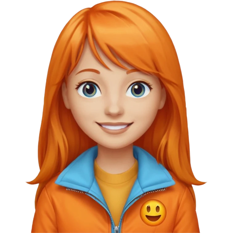 Create a custom emoji-style character inspired by a smiling woman with long orange hair and bangs, light skin tone, light blue eyes, and wearing an orange jacket emoji