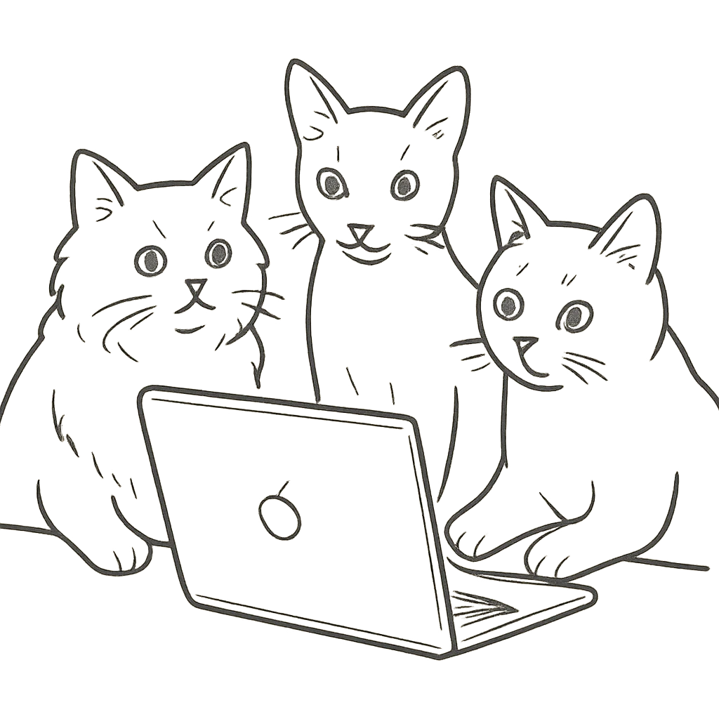 three cats at a computer, hand-drawn outline style emoji