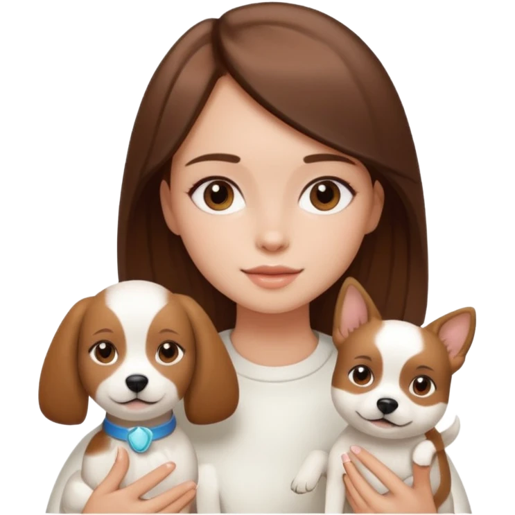 Menina com cabelo liso a cor castanho com um cachorro branco e com alguns produtos de skin care emoji