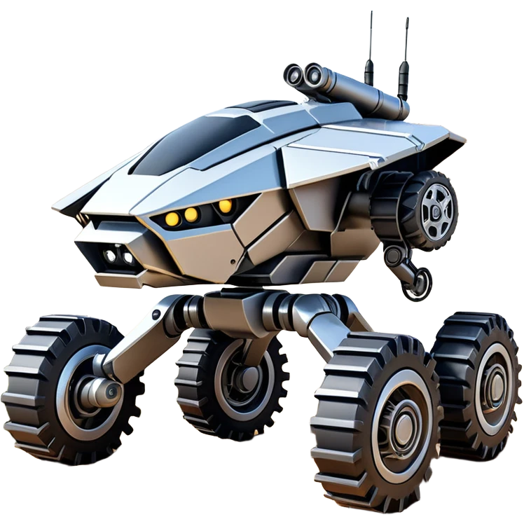 Futuristic jumping 8-wheel armored canine sporty self-balancing massive mech trail assault vehicle motor-in-wheel side-hill leaning actively robotically articulating hydraulic independent suspended pod gimbal defender mech off-road racing rover with large fast engine basher crawler megatron  emoji