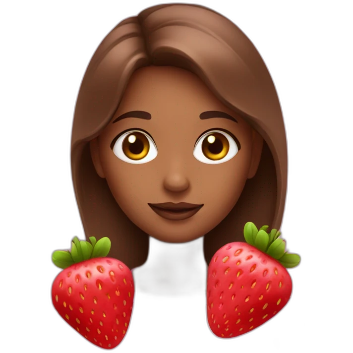 A girl with strawberries, wearing pink, with brown hair and cute makeup emoji