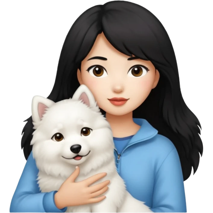 A black hair asian girl with a bright skintone holding a samoyed dog emoji