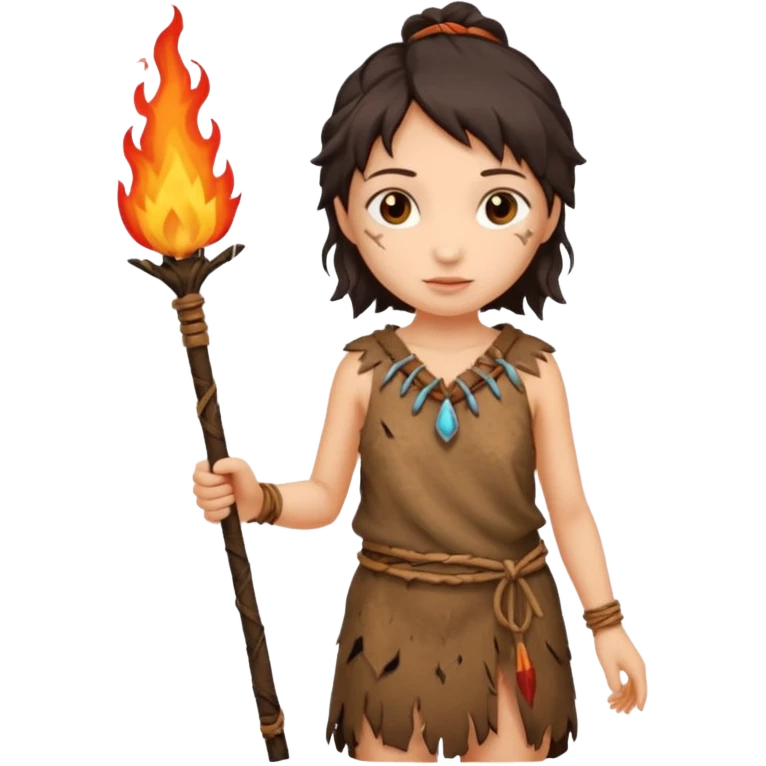 ancient girl, tattered animal skin cloth, hold fire stick emoji