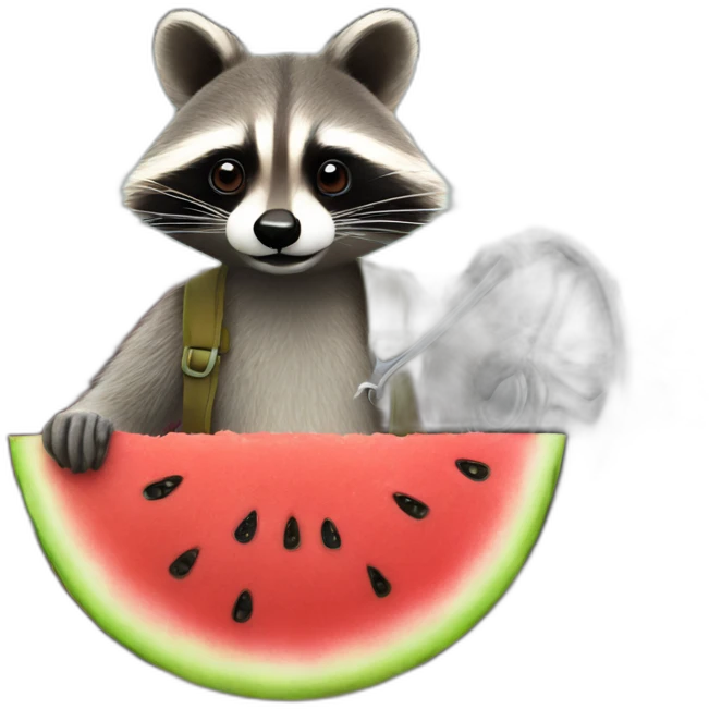 A raccoon with a watermelon behind the wheel of a car and a spanner emoji