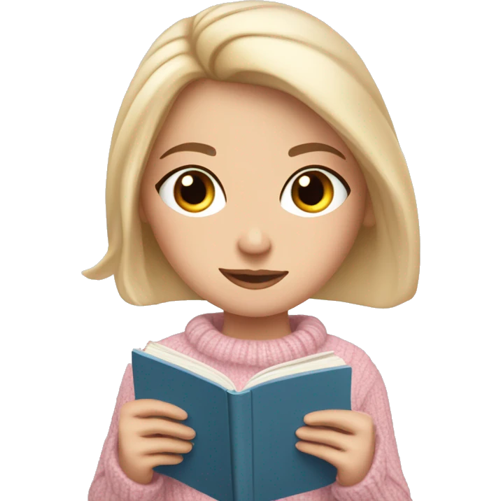 Pretty blue eyed white girl with light pink sweater reading cozy emoji