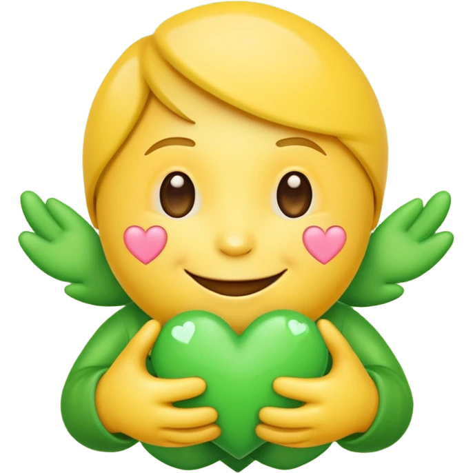 A hug emoji that holds green hearts in hands emoji