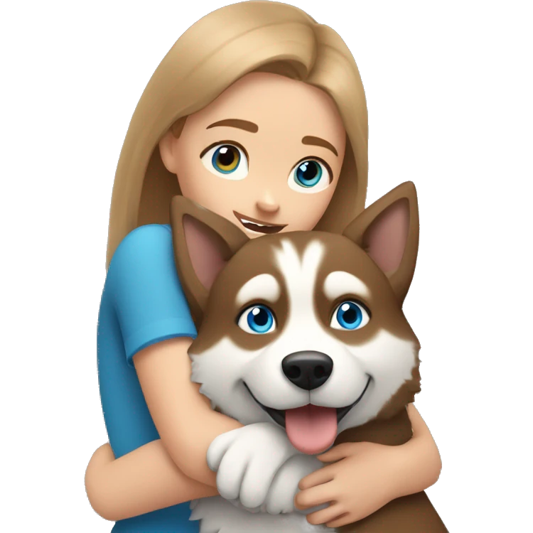 a girl with blue eyes and light-brown hair hugs a husky dog ​​with brown eyes emoji