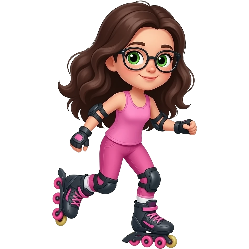 young girl in the style of iphone emoji people, fair skin, green eyes, glasses, freckles,long dark brown wavy hair, pink tank top and pink leggings, realistic emoji, rollerblading emoji