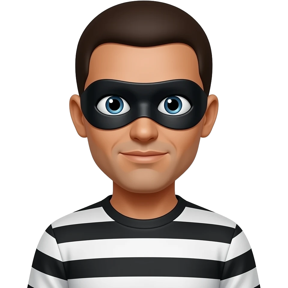 Un ladrón con la piel morena y vestido con una camisa  de franjas negras y blanca con un antifaz en los ojos  negro emoji