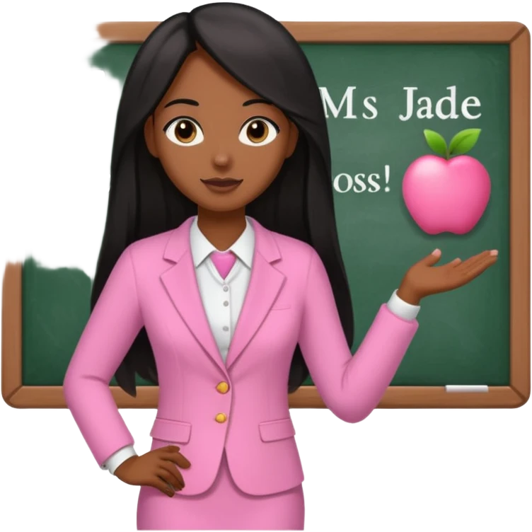 a brown skin teacher with hair with black straight long hair wearing pink not hot pink 2 piece set teaching up on a board the board says Ms. jade emoji