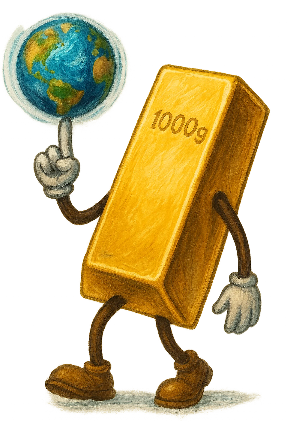 В cлегка рисованной, но при этом объемной и яркой стилистике сгенерируй картинку где фотореалистичный слиток золото с руками и ногами, но при этом без лица, в одной руке он на указательном пальце держит землю с эффектом размытия, как баскетбольный мяч, прозрачный фон emoji