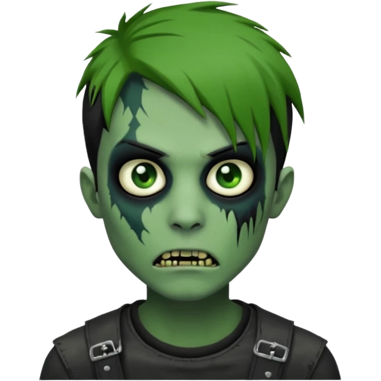  emo zombie black punk hair green skin middle part with cuts on face and closed mouth emoji