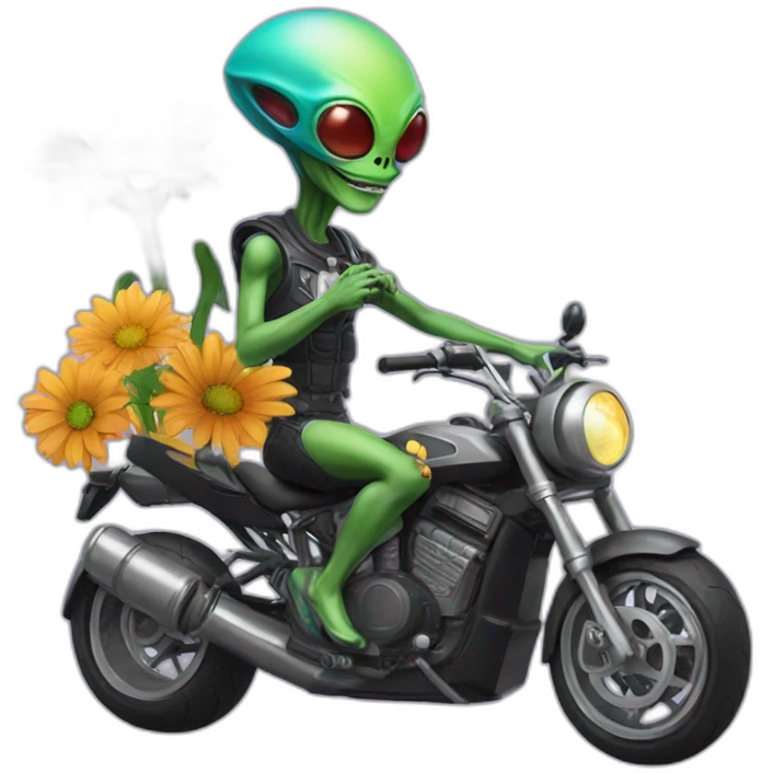 An alien from Jupiter wearing a flower necklace and riding a super bike emoji