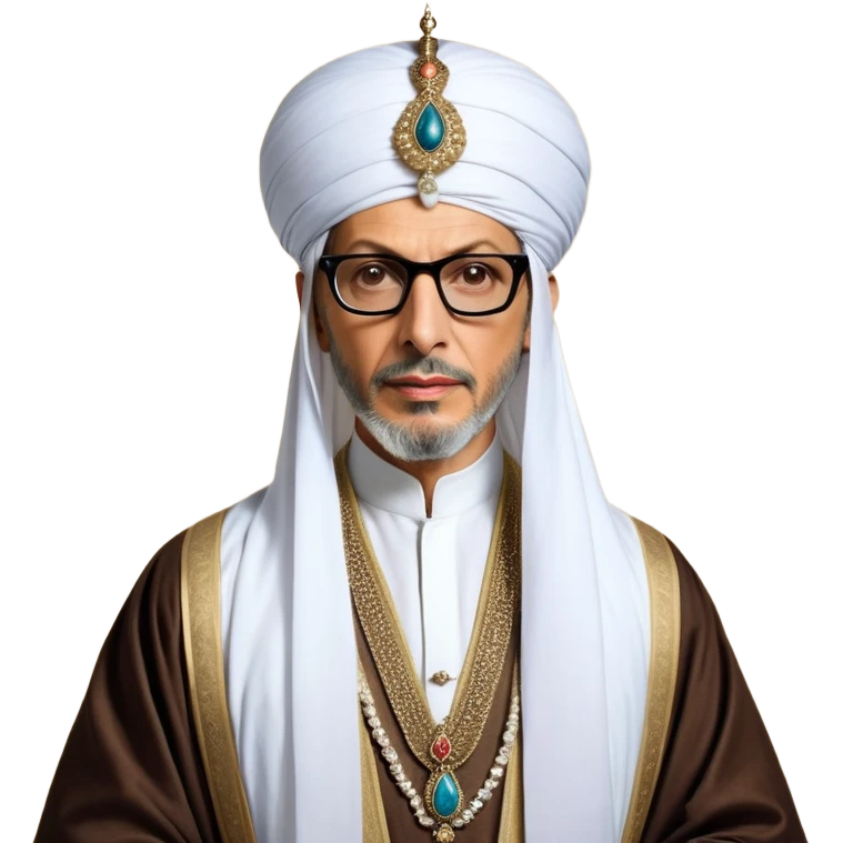 Jeff Goldblum no glasses as a regal portrait dressed as suleiman-the-magnificent,-depicted-as-a-regal-ottoman-sultan-adorned-with-a-large,-white,-round,-tall-turban-and-a-majestic-grey-beard,-his-commanding-gaze-bathed-in-warm,-historic-lighting-that-exudes-time with a large beard **no glasses* emoji