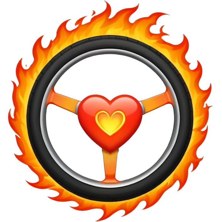 a car wheel on fire, and in the center of the wheel (instead of the car icon) there is a red flaming heart emoji