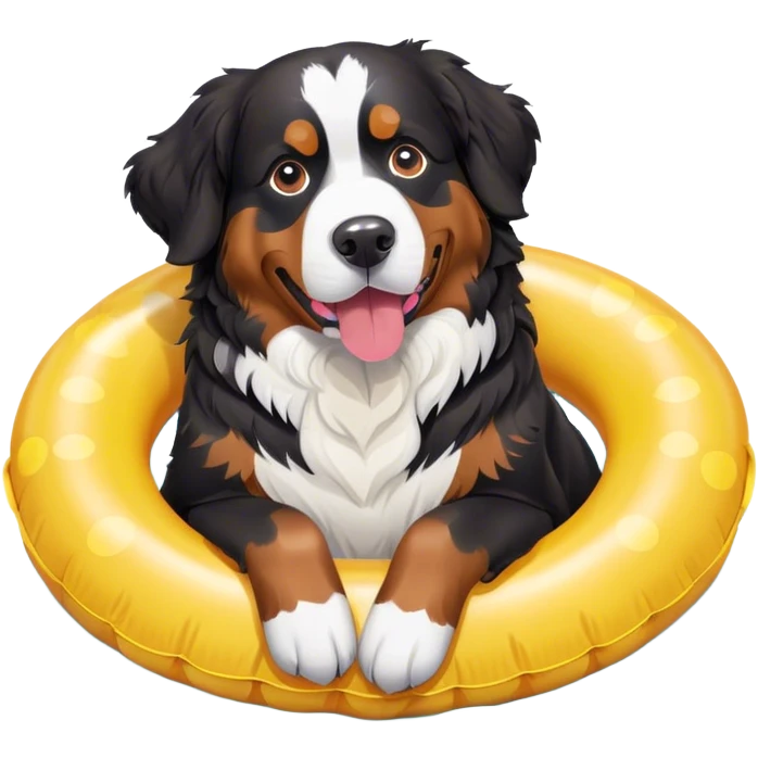 Bernese Mountain Dog with a bow swims with an inflatable ring emoji