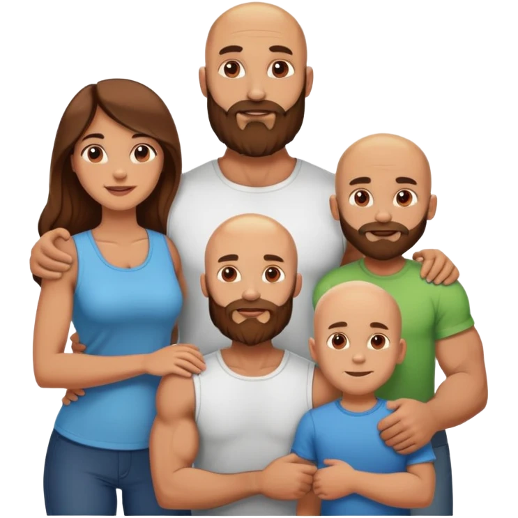 Happy Muscular Bald beard men with his wife long brown hair and 3 sons emoji