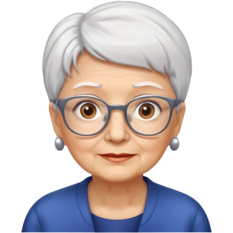 Create me emoji of an old lady. Short white hair to left side. Square glasses. Brown eyes. Rounded bigger face emoji