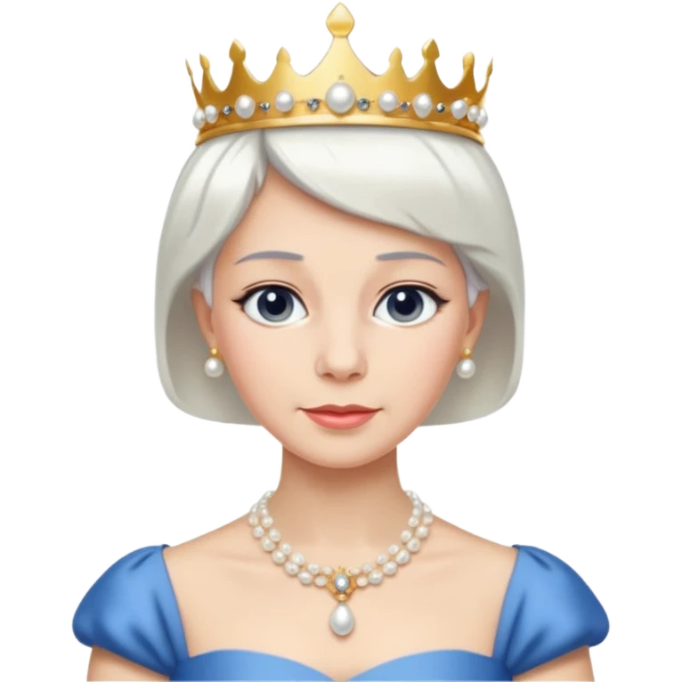 Queen with white short hair – gold tiara, pearl necklace, elegant gown, blue dress emoji