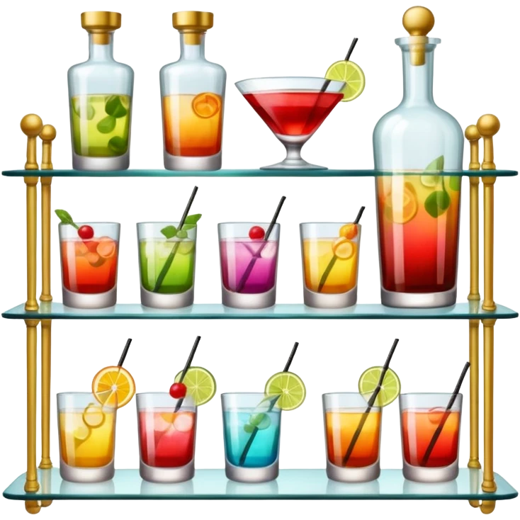 A glass shelf filled with cocktail bottles and fancy drinking glasses.
 emoji