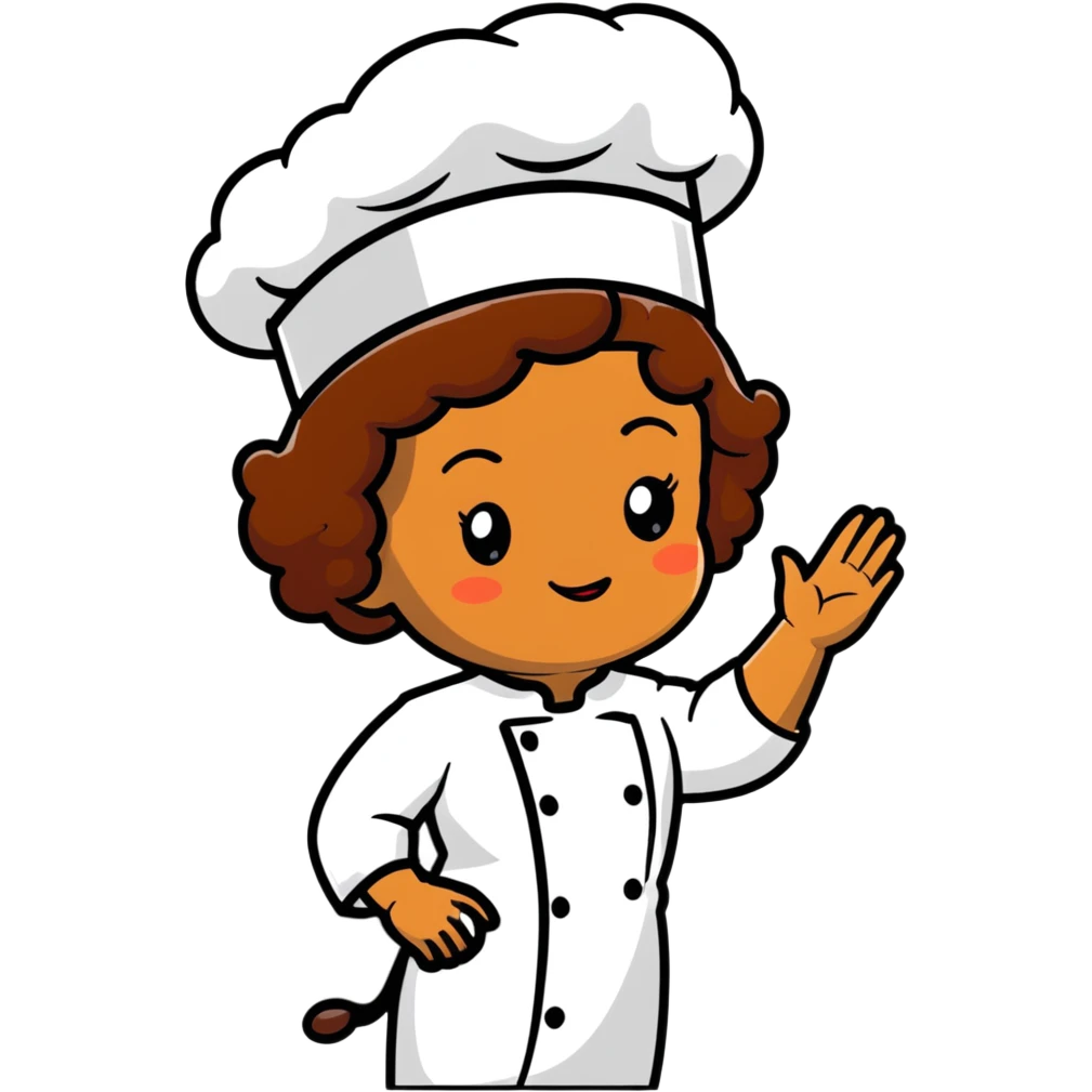 Light brown skinned mixed-race female chef with medium-length curly brown hair, wearing a chef's hat (toque), with both an angel halo and devil horns on her head emoji