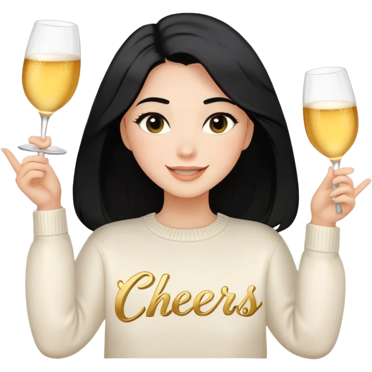 A woman with shoulder-length black hair, light to medium skin tone, full cheeks, and almond-shaped eyes, wearing a white sweater with the word 'cheers' in gold script, lying comfortably on a bed with soft lighting, joyful and radiant expression. emoji
