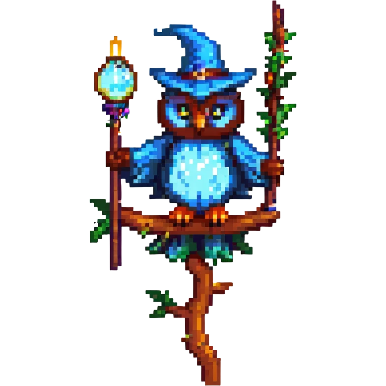 wise pixel owl wizard perched on a branch glowing staff mystical background pixelated details emoji