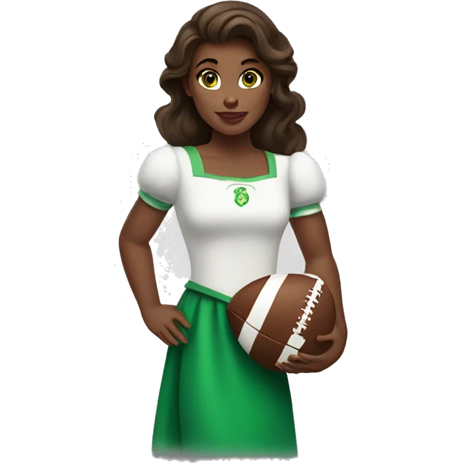 White Disney princess Belle with dark brown hair green eyes holding a football emoji