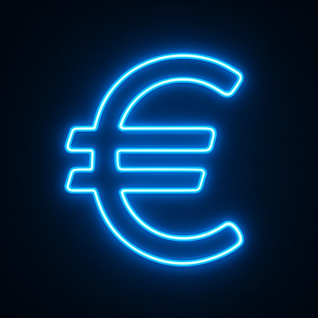Euro sign (€) emoji, neon-blue style, electric-blue glow, smooth lines, techy aesthetic, dark background. emoji