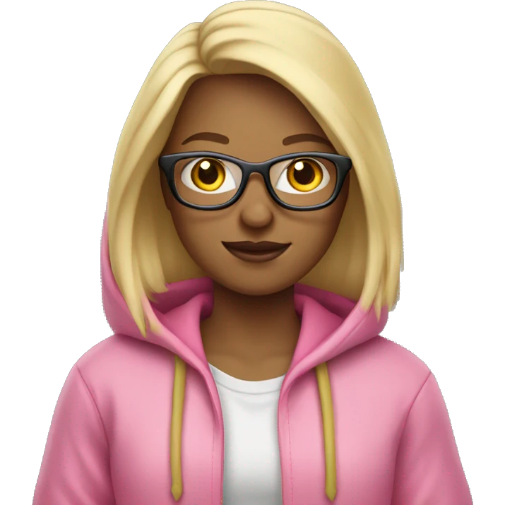Blonde in a pink hoodie, glasses, loose hair and with an iPad in her hands emoji