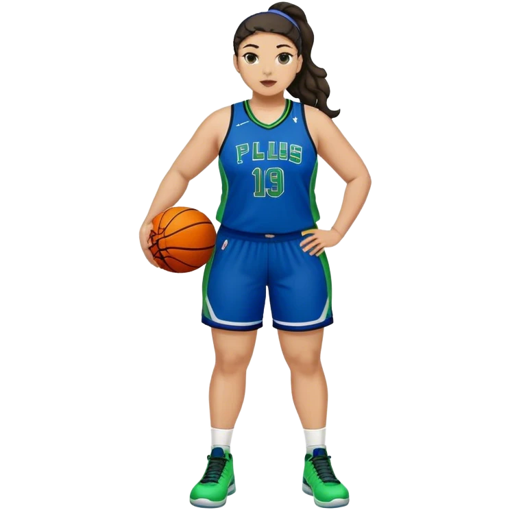 full body plus size light skin  latino women basketball player with wavy dark hair in pony tail wide nose wearing blue uniform with green accent emoji
