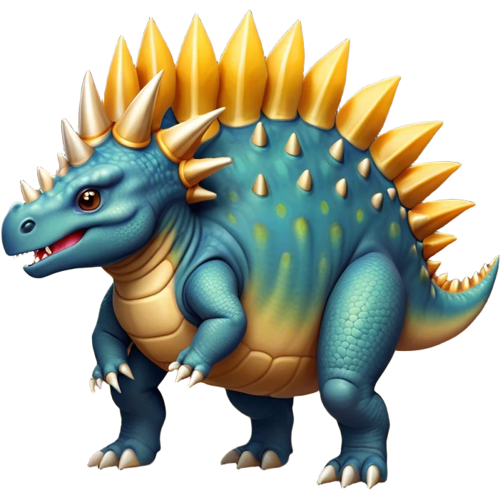 Cinematic Noble Stegosaurus Portrait Emoji, Poised and dignified, with a sturdy, low-slung body adorned by a distinctive row of bony plates along its back and a spiked tail, a small, determined head with observant eyes, Simplified yet sharply defined features, highly detailed, glowing with a soft, earthy radiance, high shine, intelligent and resolute, stylized with an air of ancient armored majesty, focused and alert, soft glowing outline, capturing the essence of a watchful and confident Stegosaurus that appears ready to lumber out of the screen with effortless authority! emoji