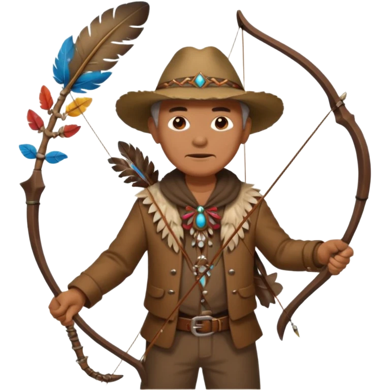 The classic image of a middle-aged uncle hunter carrying a bow, dressed in brown clothes, with some ornaments made of feathers, bones or teeth on his body. emoji