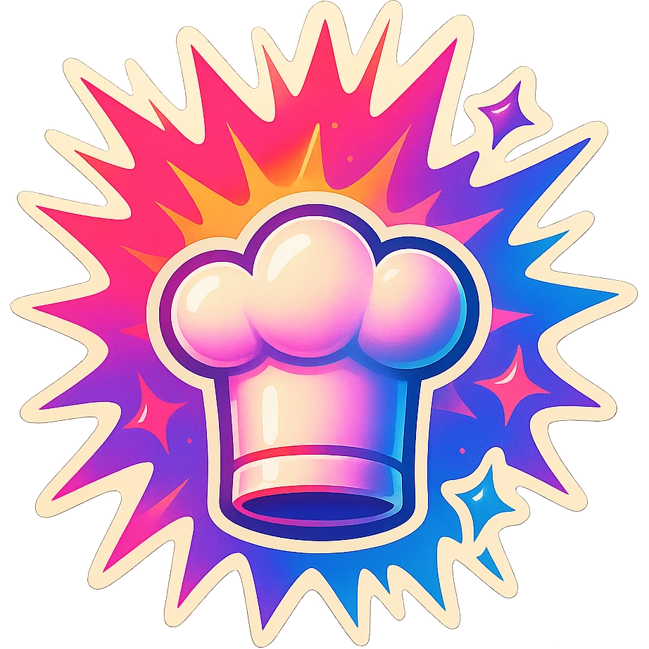 chef's hat, colors explosion, playful and modern with gradient FF4D67, 9D34FF gradient, vibrant emoji
