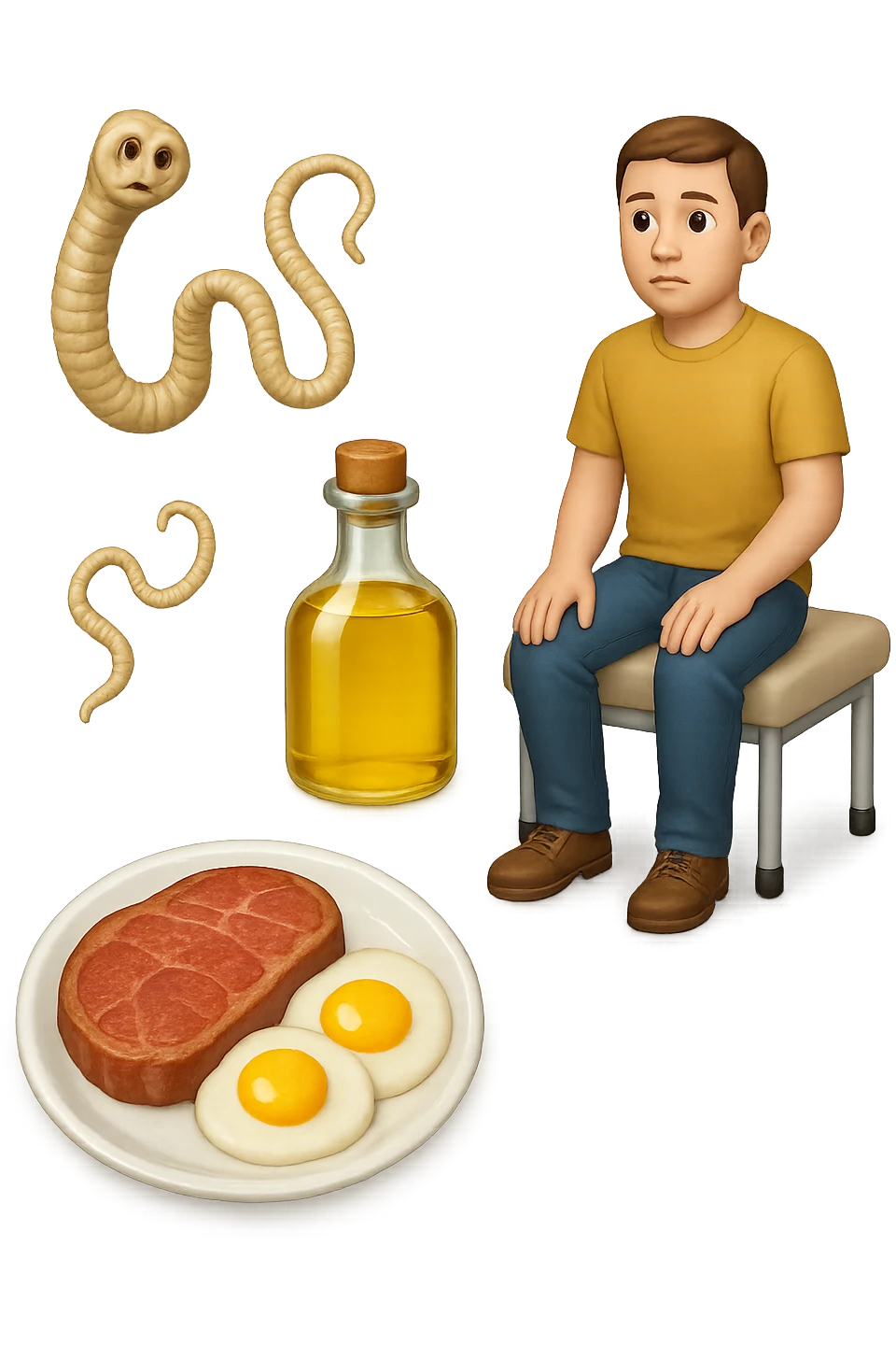 emoji stile iphone di UN PIATTO CON CARNE ROSSA E UOVA, UNA BOTTIGLIA DI OLIO DI SEMI, DUE PARASSITI TIPO LA TENIA, UOMO SEDUTO SU UN LETTINO DA FISIOTERAPISTA, IPERREALISTICO 4K emoji