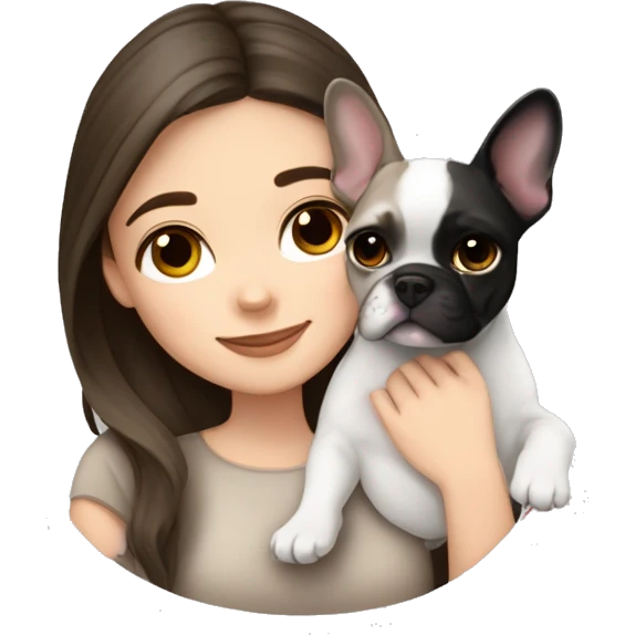 brunette hair girl cuddling a black and white frenchbulldog and a lynx point siamese  emoji
