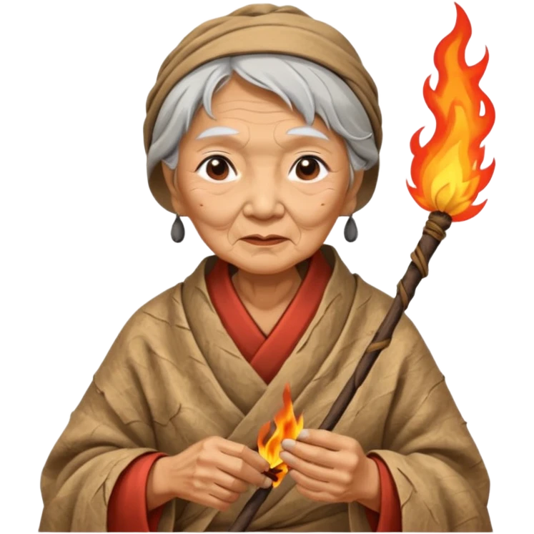 ancient asian old woman, tattered leaf cloth, hold fire stick emoji