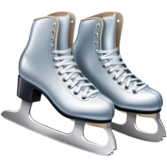 An icon featuring a pair of elegant figure skates resting on scratched ice in the center of an ice stage. The background shows distant spectator stands, with soft spotlights highlighting the skates. Transparent background emphasizes the quiet beauty of the scene. emoji