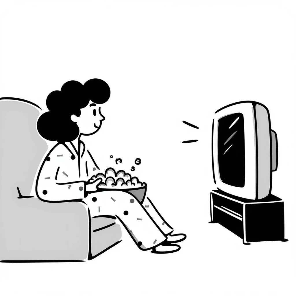 Hand-drawn person in pajamas watching movie at home with a big bowl of popcorn, tv light glowing emoji