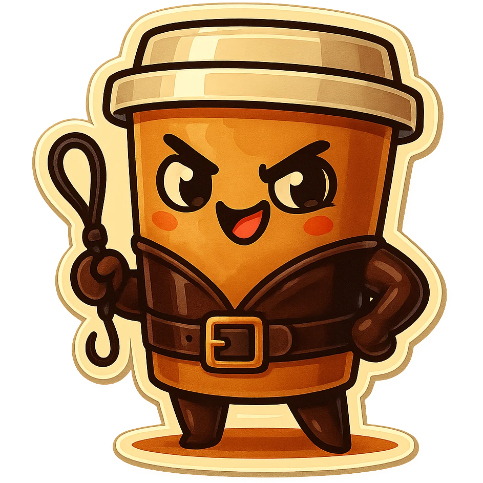 Tall coffee cup, dressed in leather holding a whipping crop, mischevious, emoji