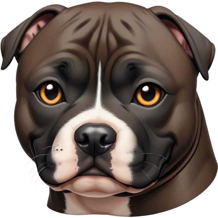 Cinematic Noble Black/Brindle Staffordshire Bull Terrier Portrait Emoji, Poised and regal, with a compact, muscular build and a sleek, well-groomed Fur featuring a striking mix of black and brindle patterns, deep-set soulful dark eyes, Simplified yet sharp and sophisticated features, highly detailed, glowing with a soft, dignified glow, high shine, intelligent and loyal, stylized with an air of strength, focused and attentive, soft glowing outline, capturing the essence of a watchful and confident guardian, so majestic it feels as though it could stride out of the screen with effortless authority! emoji