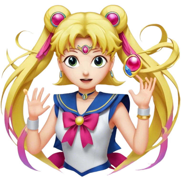 Icon for Anime: vibrant, dynamic scene with Bishoujo Senshi Sailor Moon in action, featuring exaggerated expressions and colorful backgrounds. The design should reflect the distinct, energetic style of anime, with iconic eyes and unique visual elements. Transparent background. emoji