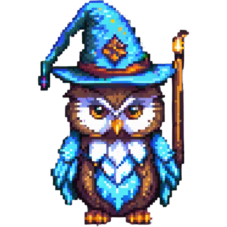 pixel art owl with a wizard hat emoji