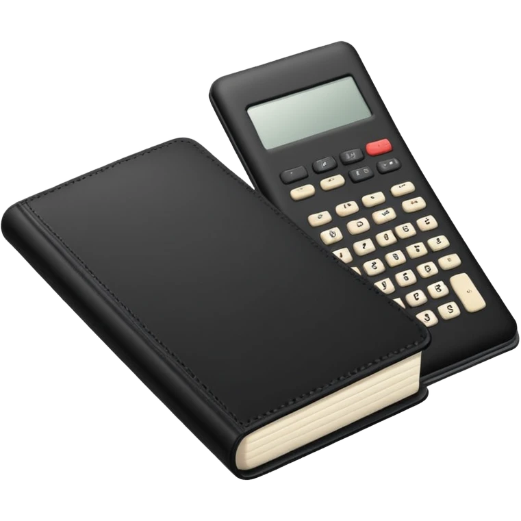 Minimalistic flat vector icon, iOS style, thin black contour on white background. Small black notebook with visible binding, placed next to a calculator. Clean, modern, no text, no shadows. emoji