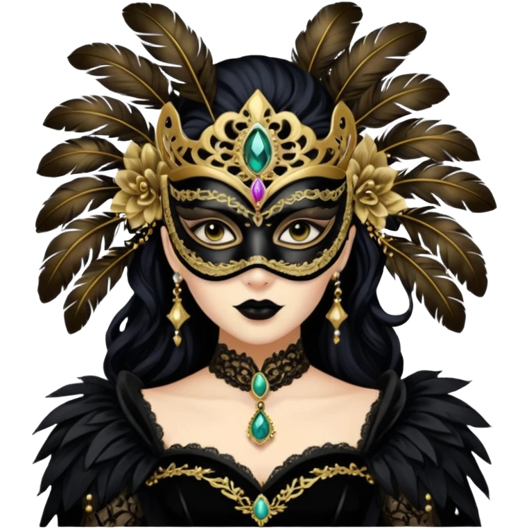 (the person is transformed into a masquerade gothic queen:1.5), black velvet gown with gold lace details, ornate mask with feathers and gem studs
 emoji