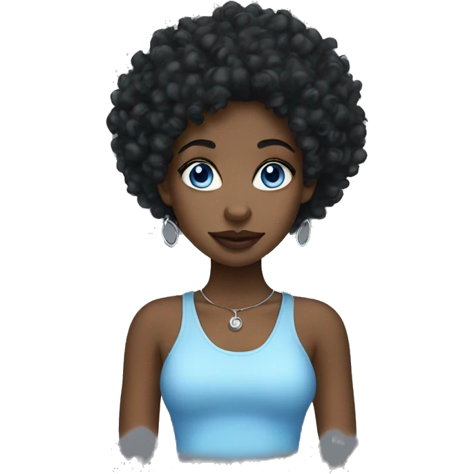 A Black girl, blue eyes, black curly hair, A nose ring, Earrings. emoji