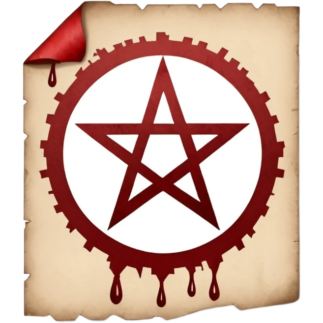 Minimalist emoji-style sticker of a blank torn contract with a pentagram stamp and drop of muted red ink. Gothic feel, flat design.
 emoji