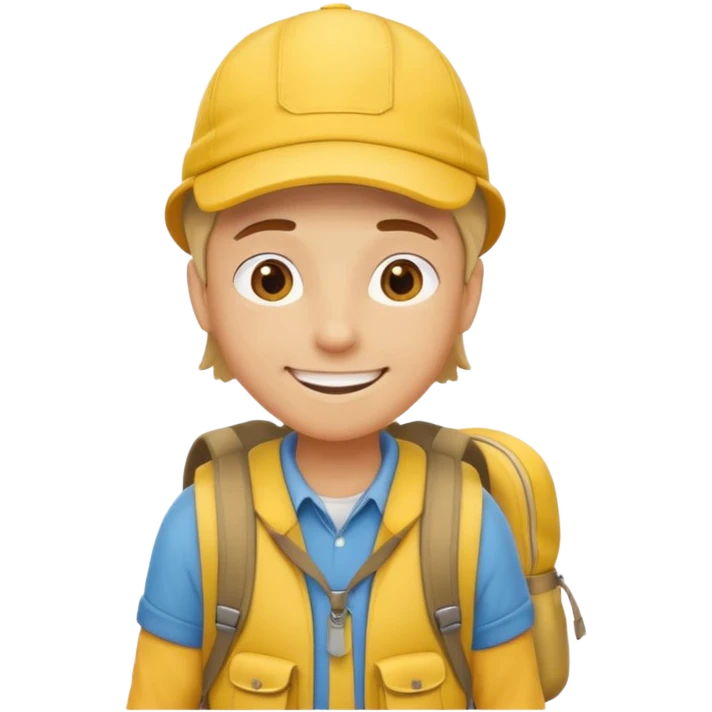 Cartoon explorer wearing a yellow cap and yellow backpack, casual outdoor outfit emoji