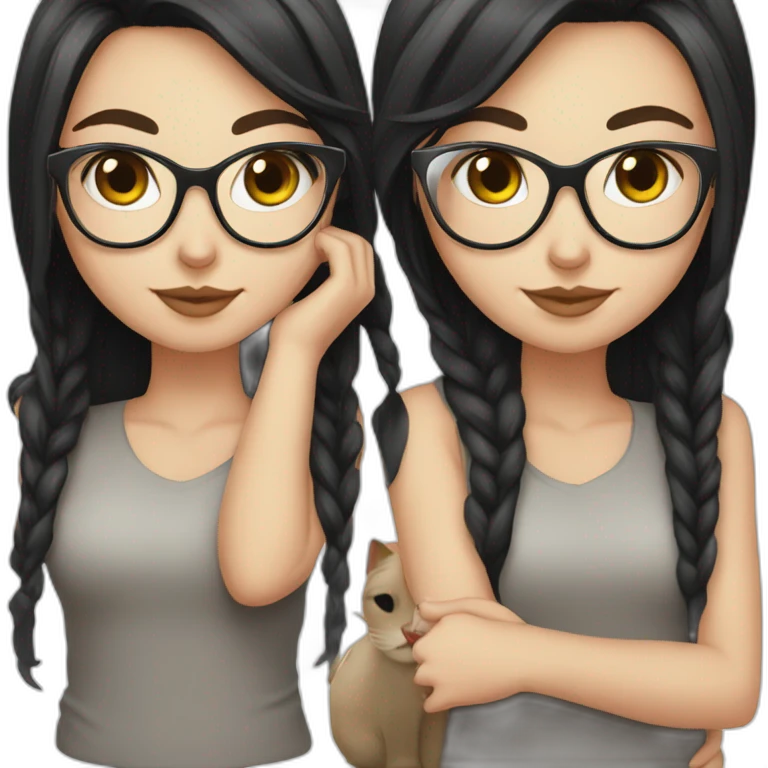 white girl, black straight hair, cat glasses emoji